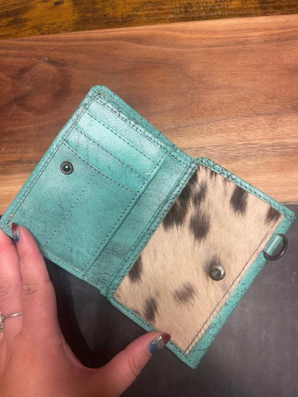 Woven Turquoise and Tan Leather Card Wallet